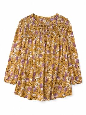 Boho top/shirt/blouse XXL 3/4 sleeve smocking keyhole tie brown/floral stretch
